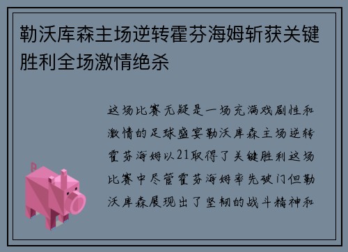 勒沃库森主场逆转霍芬海姆斩获关键胜利全场激情绝杀 勒沃库森主场逆转霍芬海姆斩获关键胜利全场激情绝杀