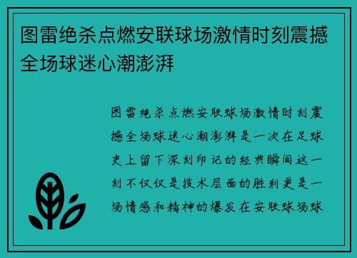 图雷绝杀点燃安联球场激情时刻震撼全场球迷心潮澎湃